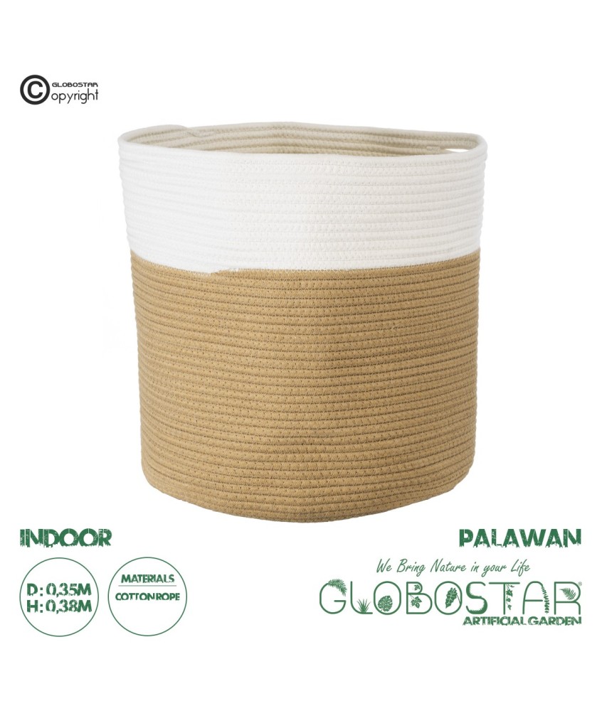 GloboStar® Artificial Garden PALAWAN 20201 Διακοσμητικό Πλεκτό Καλάθι - Κασπώ Γλάστρα - Flower Pot  Μπεζ με Λευκό Π35cm x Υ38cm